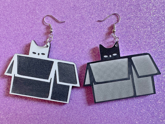 Cat in Box Earrings: Laser Cut Acrylic Cats, Kitty, Kitten, Pussy Cat, Animals, Feline, Black Cat, White Cat, Best Gifts for Her/Him/Them