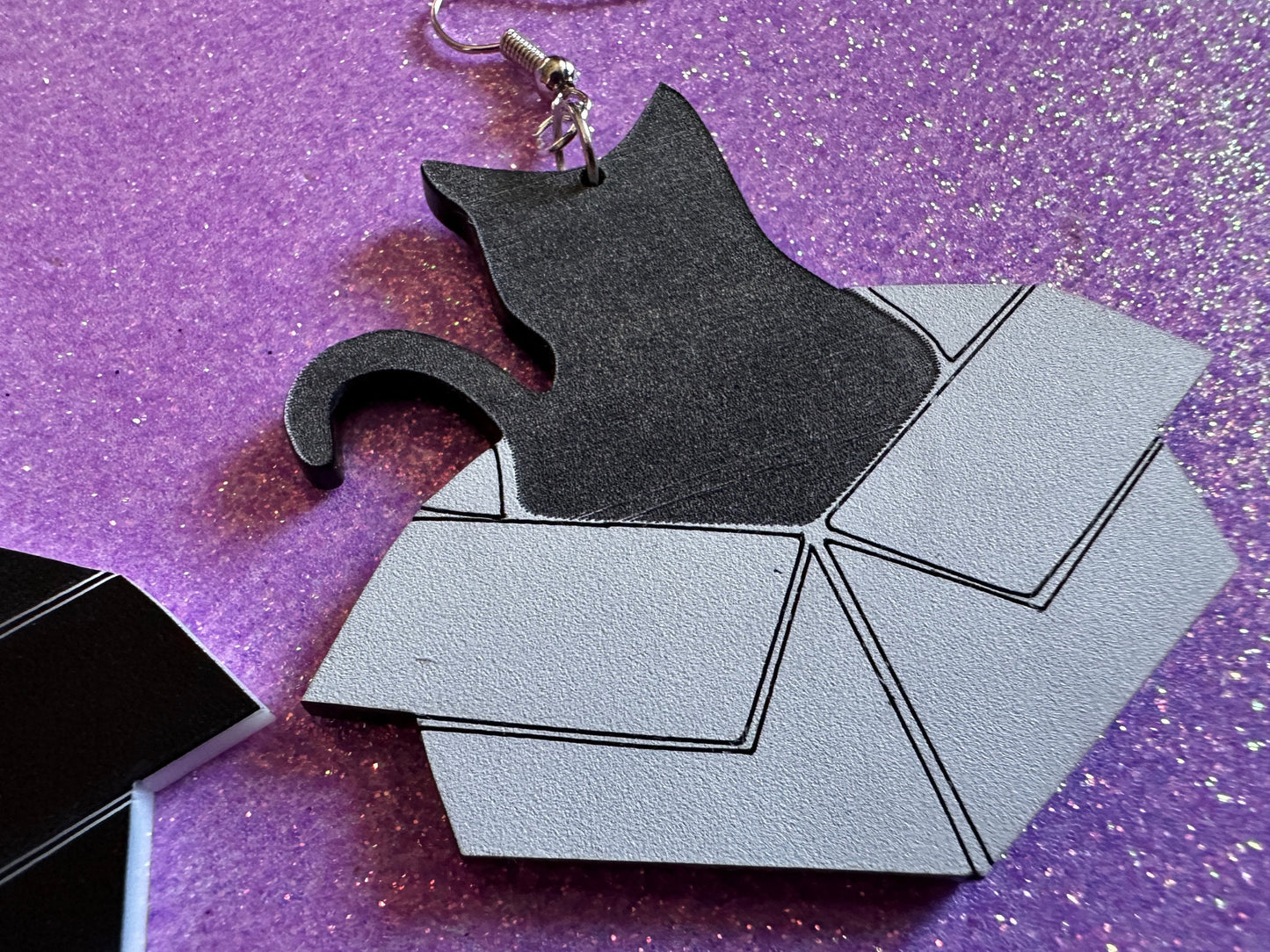 Cat in Box Earrings: Laser Cut Acrylic Cats, Kitty, Kitten, Pussy Cat, Animals, Feline, Black Cat, White Cat, Best Gifts for Her/Him/Them