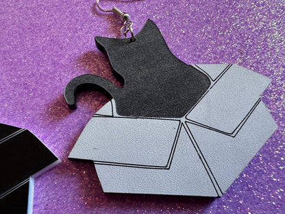 Cat in Box Earrings: Laser Cut Acrylic Cats, Kitty, Kitten, Pussy Cat, Animals, Feline, Black Cat, White Cat, Best Gifts for Her/Him/Them