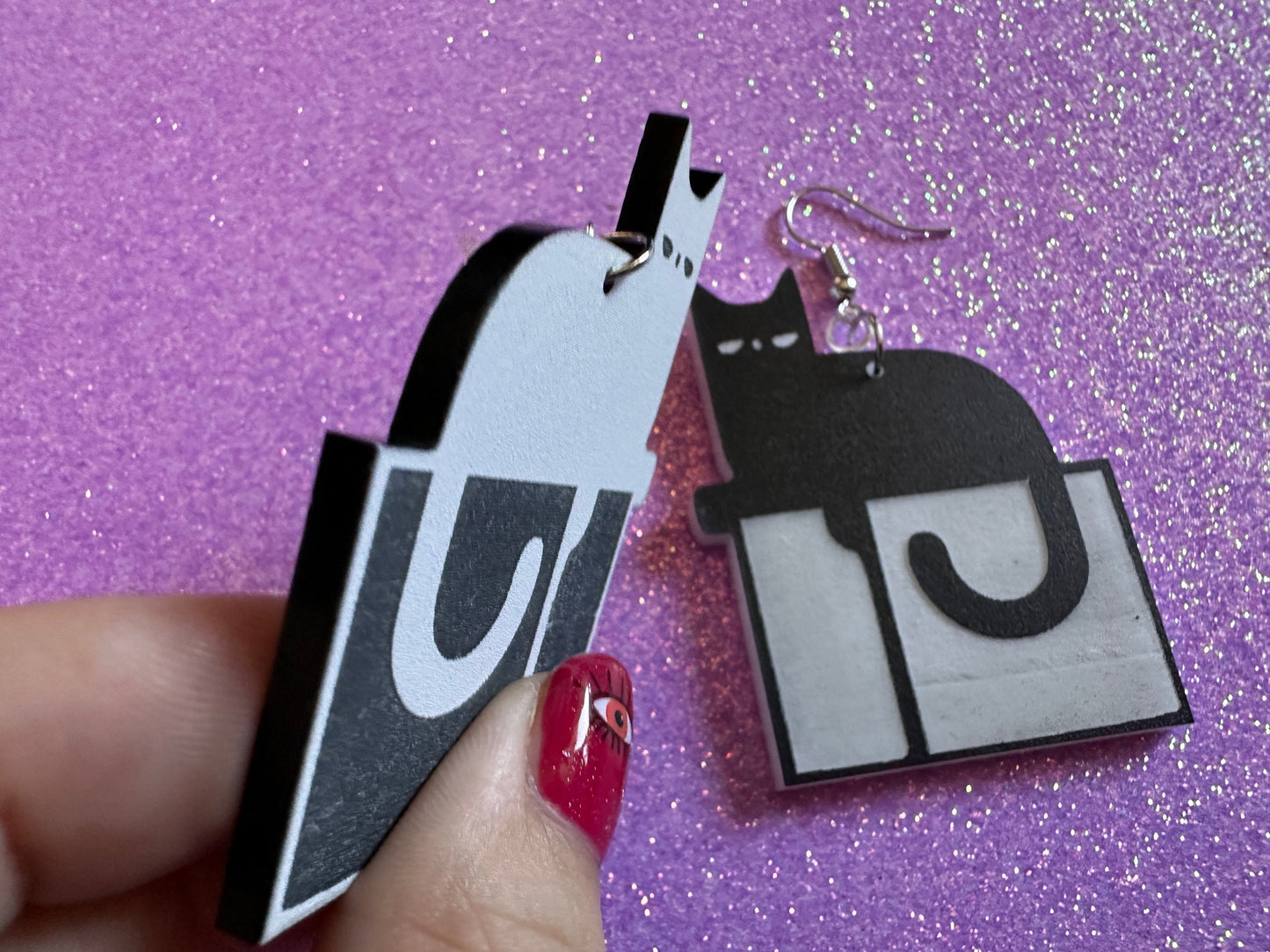 Cat in Box Earrings: Laser Cut Acrylic Cats, Kitty, Kitten, Pussy Cat, Animals, Feline, Black Cat, White Cat, Best Gifts for Her/Him/Them