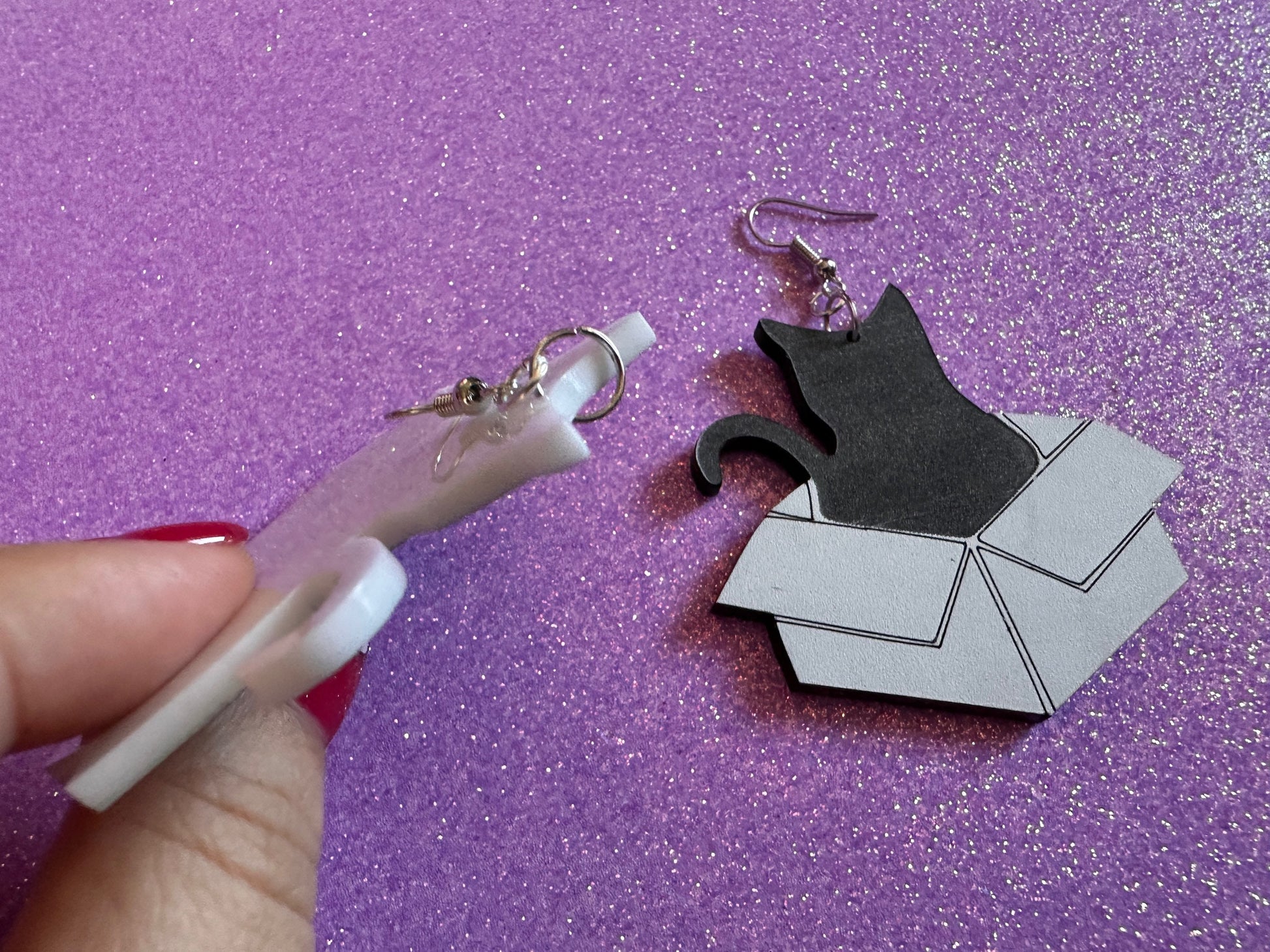 Cat in Box Earrings: Laser Cut Acrylic Cats, Kitty, Kitten, Pussy Cat, Animals, Feline, Black Cat, White Cat, Best Gifts for Her/Him/Them