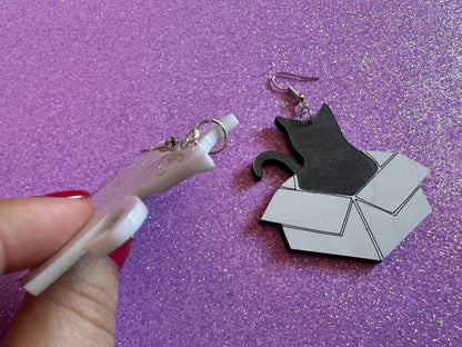 Cat in Box Earrings: Laser Cut Acrylic Cats, Kitty, Kitten, Pussy Cat, Animals, Feline, Black Cat, White Cat, Best Gifts for Her/Him/Them