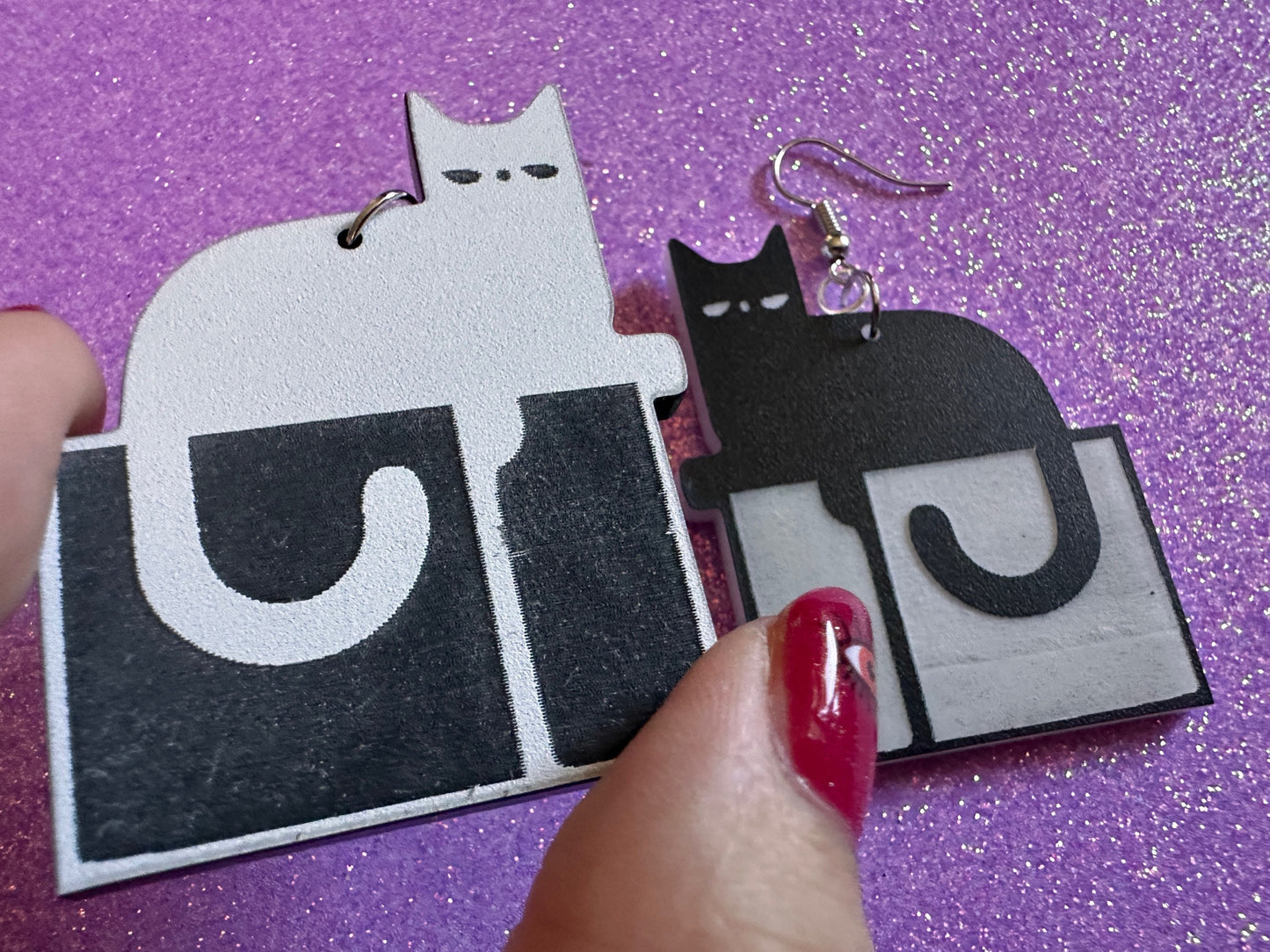 Cat in Box Earrings: Laser Cut Acrylic Cats, Kitty, Kitten, Pussy Cat, Animals, Feline, Black Cat, White Cat, Best Gifts for Her/Him/Them
