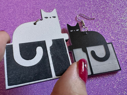Cat in Box Earrings: Laser Cut Acrylic Cats, Kitty, Kitten, Pussy Cat, Animals, Feline, Black Cat, White Cat, Best Gifts for Her/Him/Them