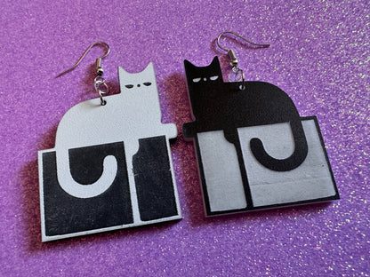 Cat in Box Earrings: Laser Cut Acrylic Cats, Kitty, Kitten, Pussy Cat, Animals, Feline, Black Cat, White Cat, Best Gifts for Her/Him/Them