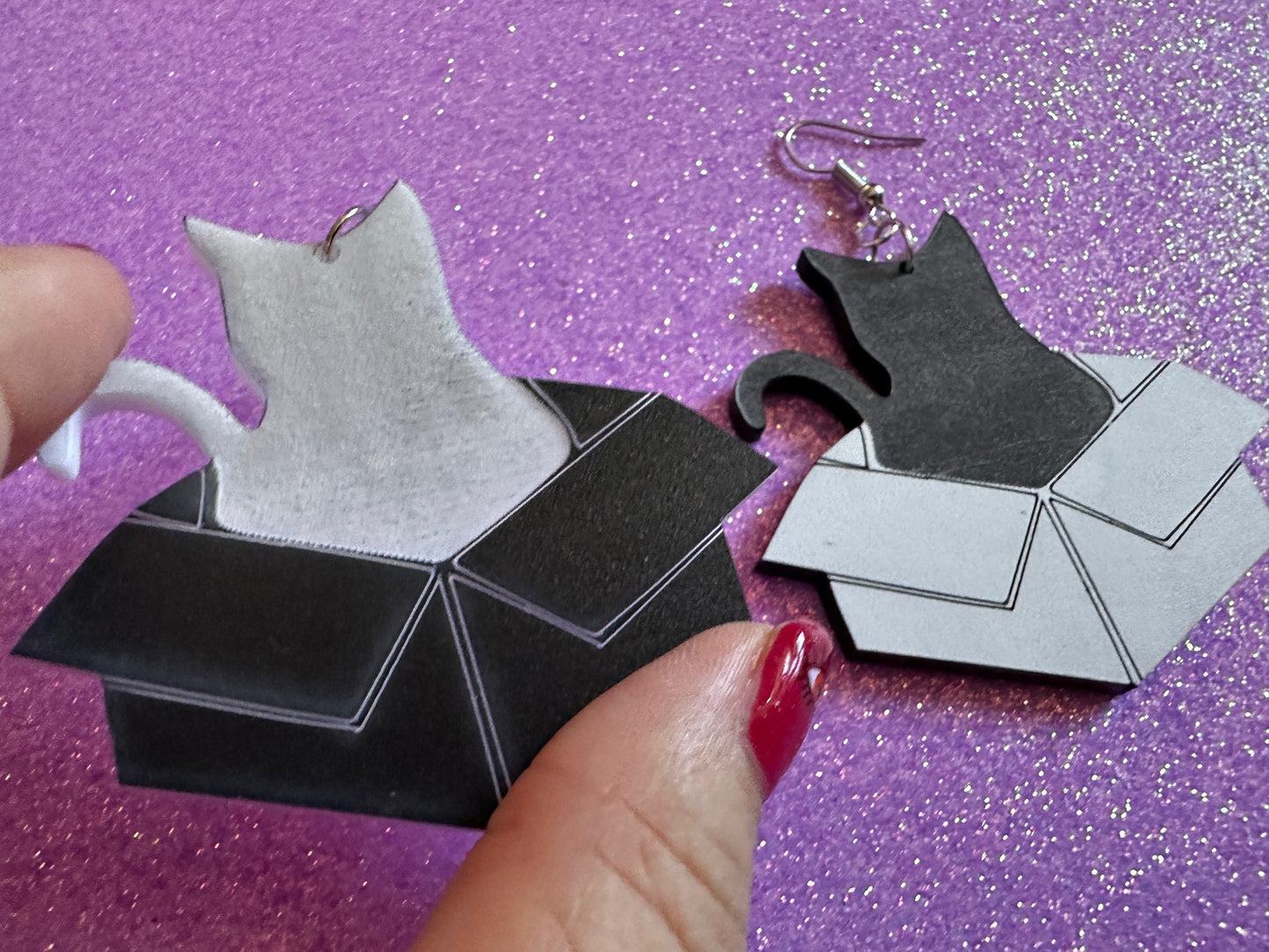 Cat in Box Earrings: Laser Cut Acrylic Cats, Kitty, Kitten, Pussy Cat, Animals, Feline, Black Cat, White Cat, Best Gifts for Her/Him/Them