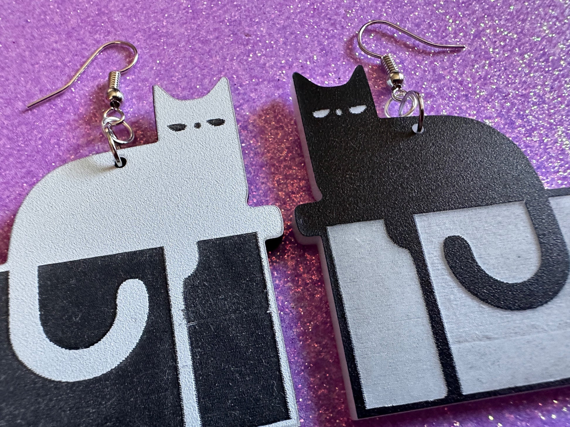 Cat in Box Earrings: Laser Cut Acrylic Cats, Kitty, Kitten, Pussy Cat, Animals, Feline, Black Cat, White Cat, Best Gifts for Her/Him/Them