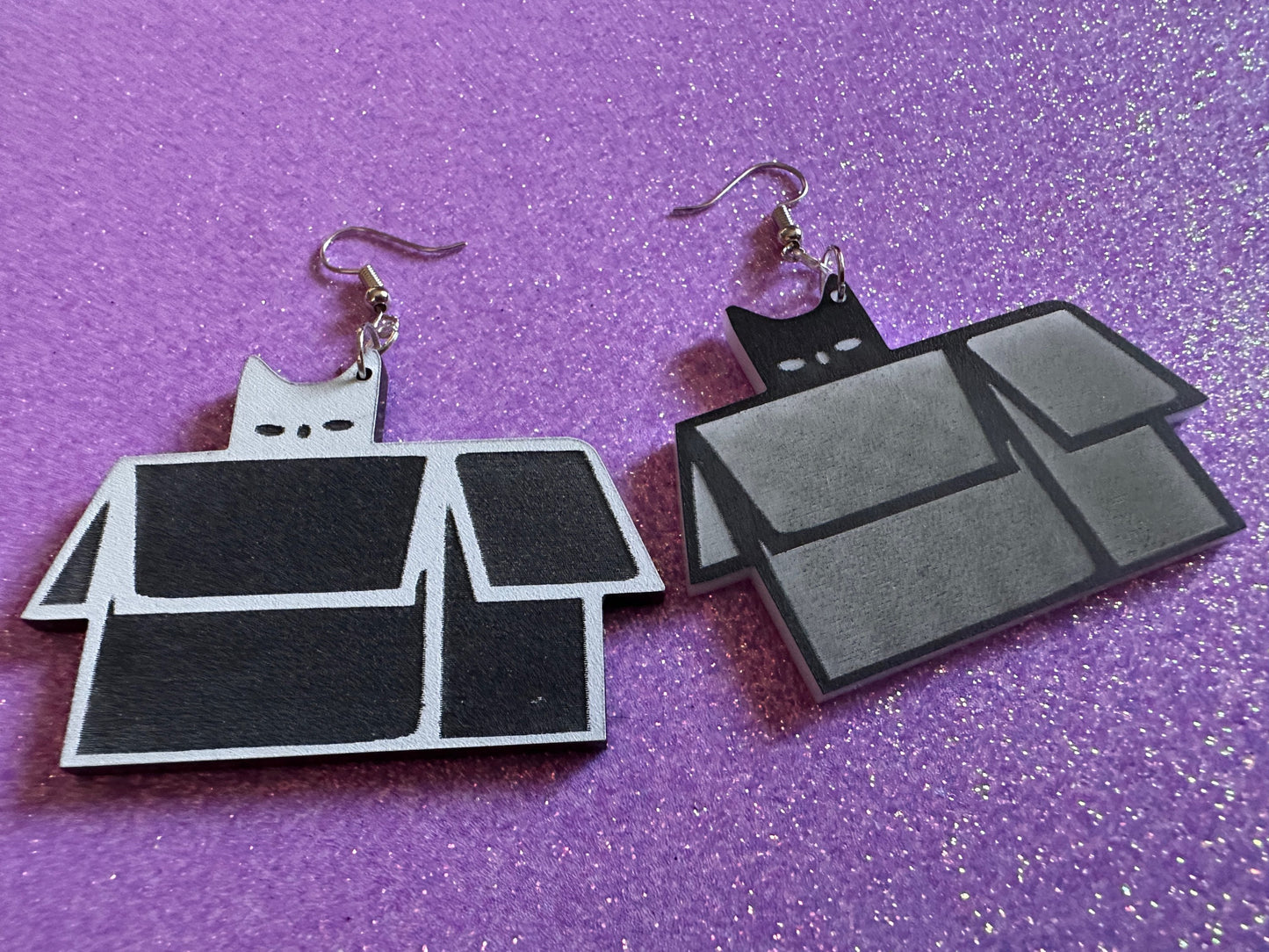 Cat in Box Earrings: Laser Cut Acrylic Cats, Kitty, Kitten, Pussy Cat, Animals, Feline, Black Cat, White Cat, Best Gifts for Her/Him/Them