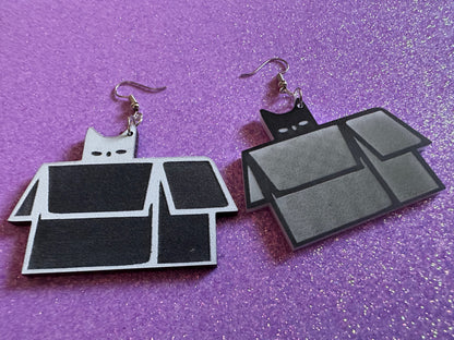 Cat in Box Earrings: Laser Cut Acrylic Cats, Kitty, Kitten, Pussy Cat, Animals, Feline, Black Cat, White Cat, Best Gifts for Her/Him/Them
