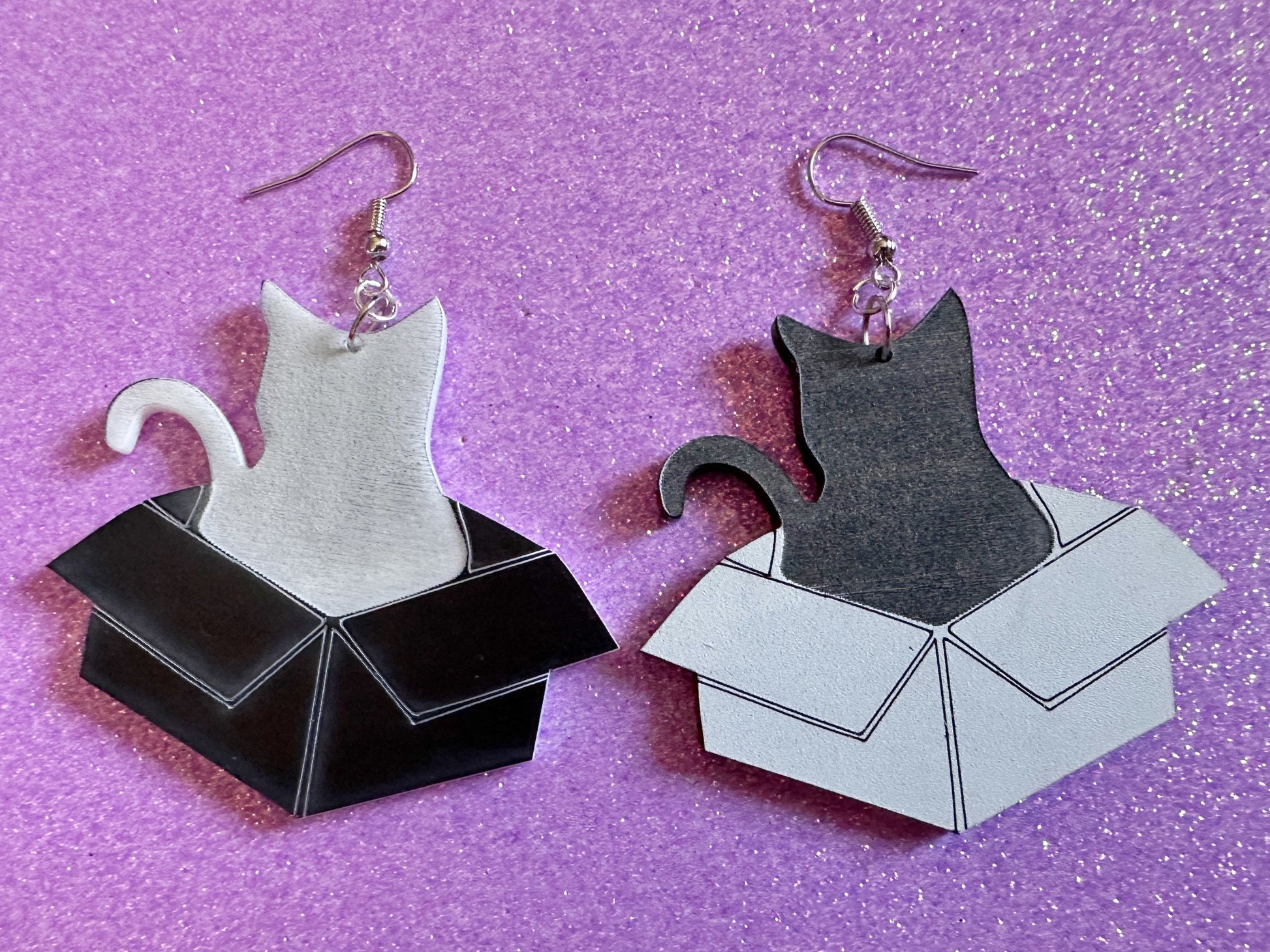 Cat in Box Earrings: Laser Cut Acrylic Cats, Kitty, Kitten, Pussy Cat, Animals, Feline, Black Cat, White Cat, Best Gifts for Her/Him/Them