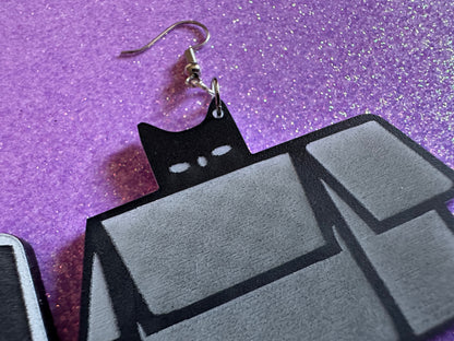 Cat in Box Earrings: Laser Cut Acrylic Cats, Kitty, Kitten, Pussy Cat, Animals, Feline, Black Cat, White Cat, Best Gifts for Her/Him/Them