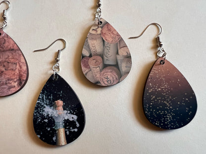 Champagne Earrings: Champagne Bubbles, Bubbly, Cork, Sublimated, Best Gifts for Her/Him/Them