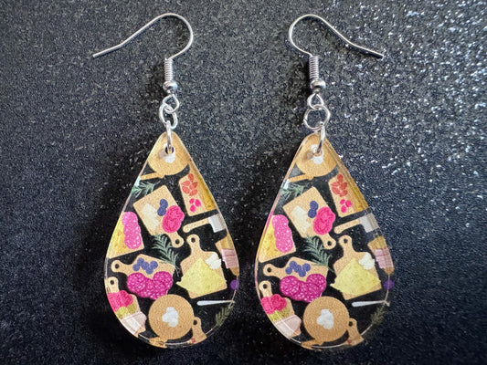 Charcuterie Earrings: Laser Cut Acrylic Cheese Boards, Dairy, Figs, Salami Slices, Nuts, Food, Party, Best Gifts for Her/Him/Them