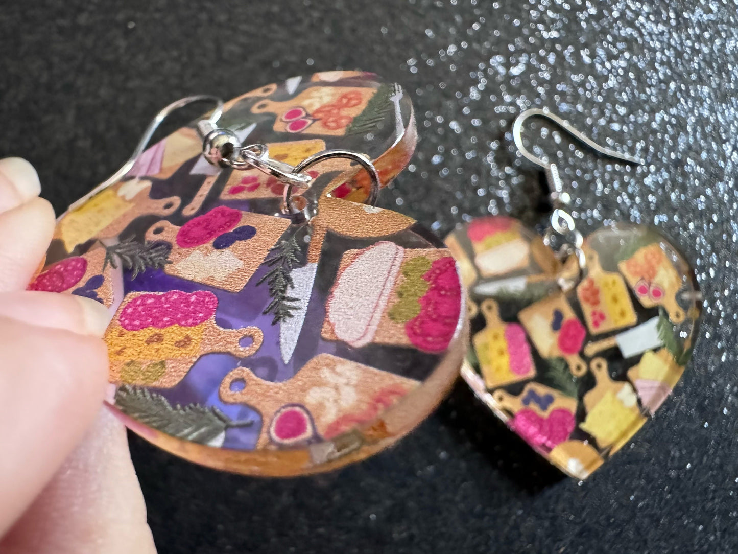 Charcuterie Earrings: Laser Cut Acrylic Cheese Boards, Dairy, Figs, Salami Slices, Nuts, Food, Party, Best Gifts for Her/Him/Them