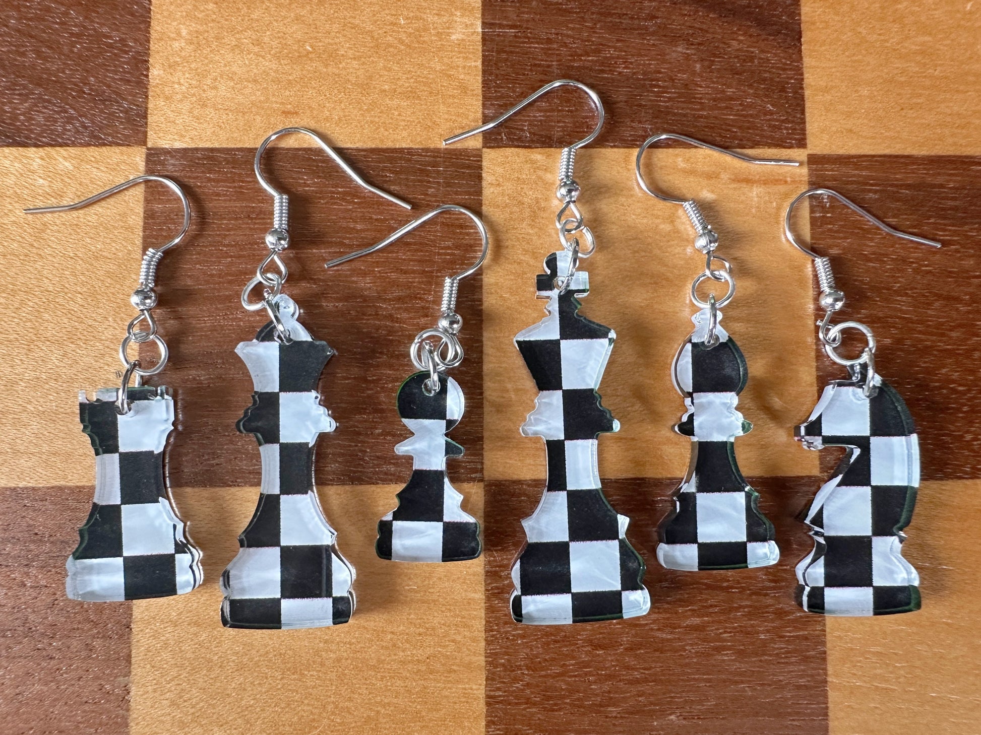 Checkered Chess Earrings: Laser Cut Acrylic Chess Pieces, Board Game, King, Queen, Pawn, Knight, Tower, Best Gifts for Her/Him/Them