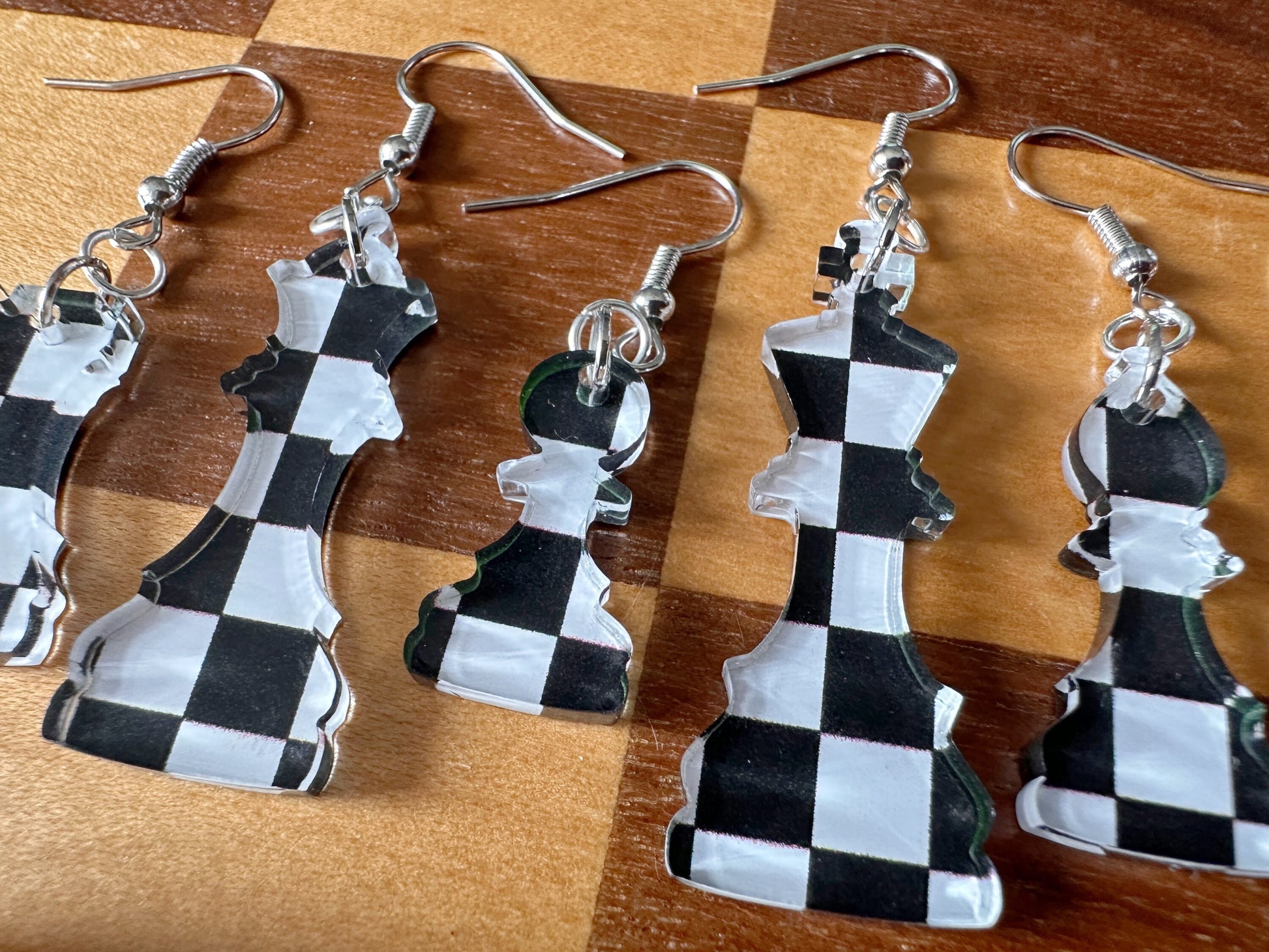 Checkered Chess Earrings: Laser Cut Acrylic Chess Pieces, Board Game, King, Queen, Pawn, Knight, Tower, Best Gifts for Her/Him/Them