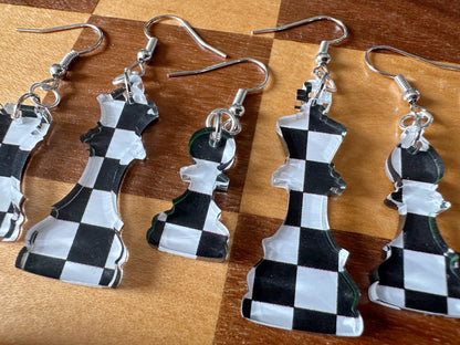 Checkered Chess Earrings: Laser Cut Acrylic Chess Pieces, Board Game, King, Queen, Pawn, Knight, Tower, Best Gifts for Her/Him/Them