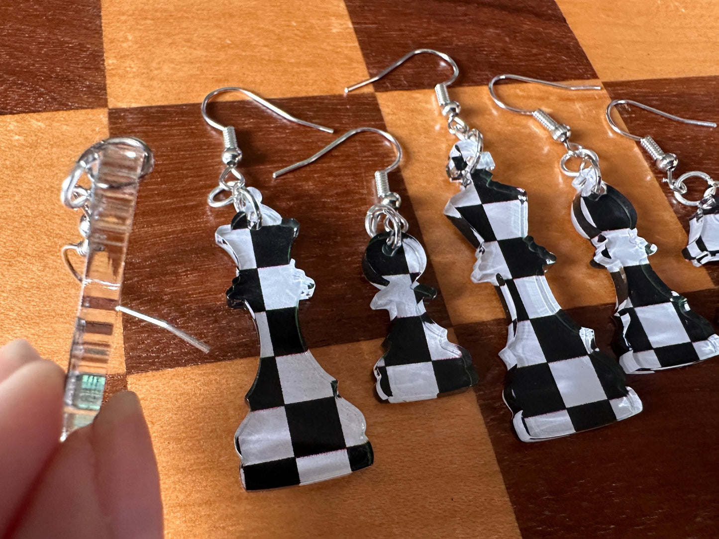 Checkered Chess Earrings: Laser Cut Acrylic Chess Pieces, Board Game, King, Queen, Pawn, Knight, Tower, Best Gifts for Her/Him/Them