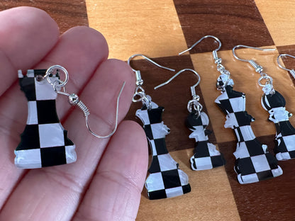 Checkered Chess Earrings: Laser Cut Acrylic Chess Pieces, Board Game, King, Queen, Pawn, Knight, Tower, Best Gifts for Her/Him/Them