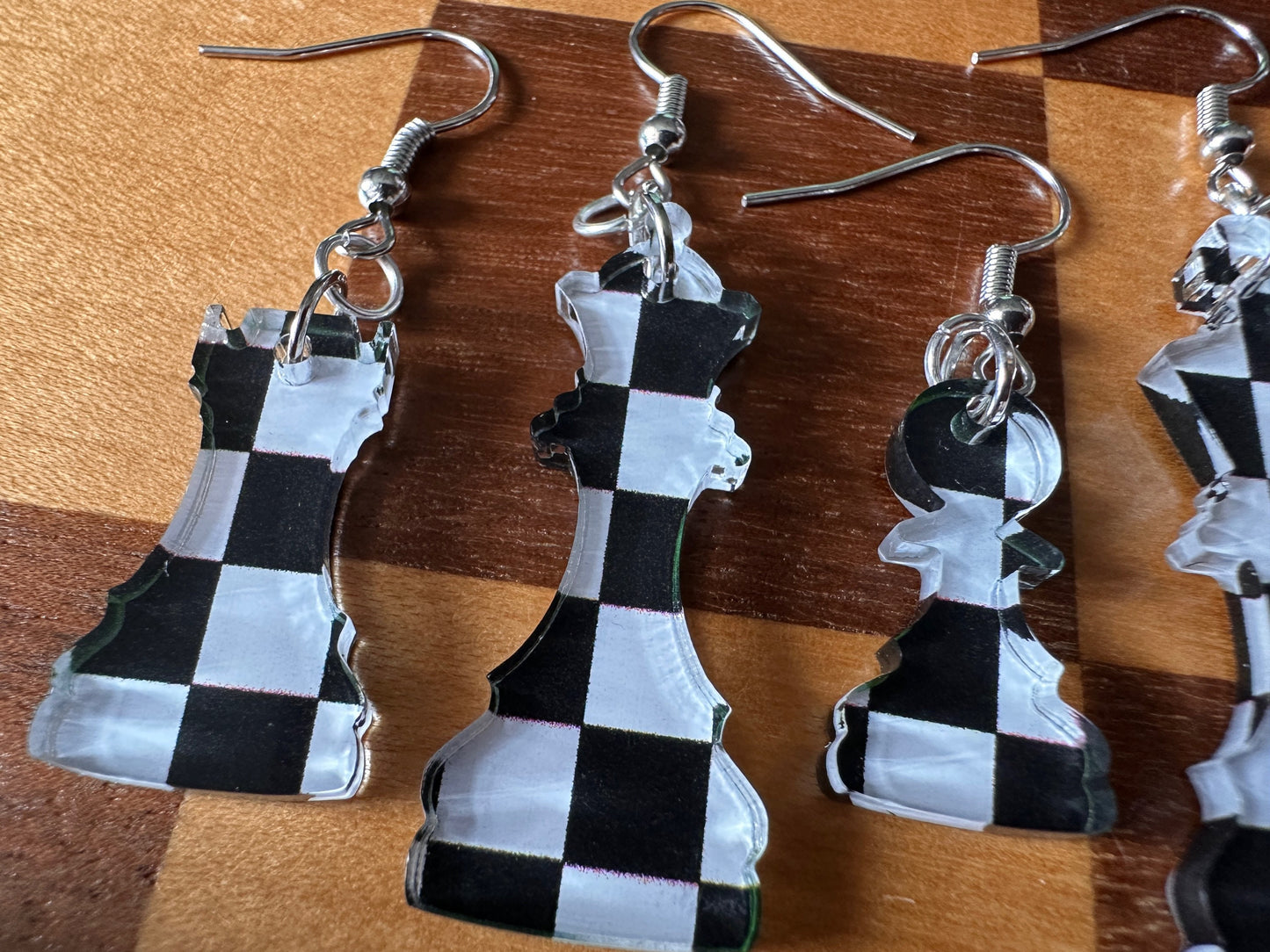 Checkered Chess Earrings: Laser Cut Acrylic Chess Pieces, Board Game, King, Queen, Pawn, Knight, Tower, Best Gifts for Her/Him/Them