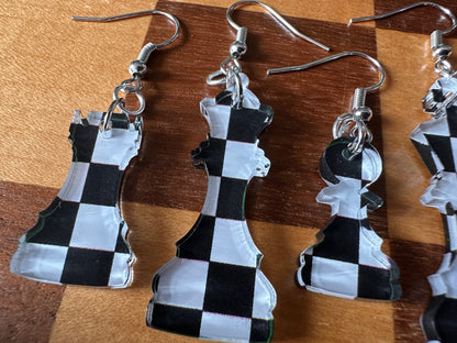 Checkered Chess Earrings: Laser Cut Acrylic Chess Pieces, Board Game, King, Queen, Pawn, Knight, Tower, Best Gifts for Her/Him/Them