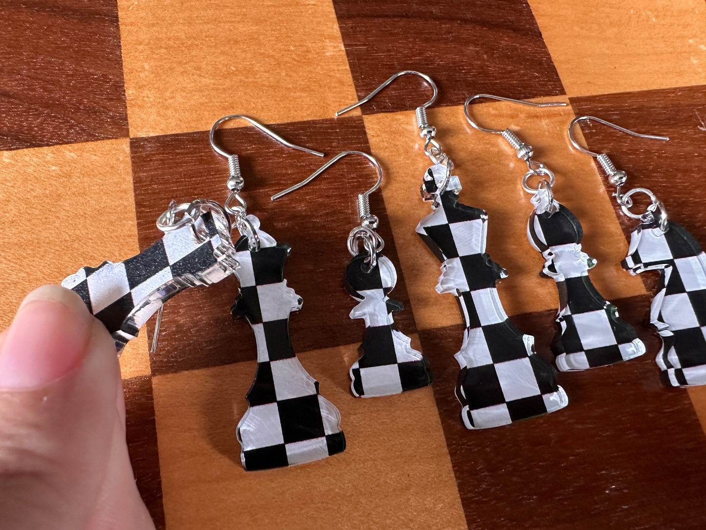 Checkered Chess Earrings: Laser Cut Acrylic Chess Pieces, Board Game, King, Queen, Pawn, Knight, Tower, Best Gifts for Her/Him/Them