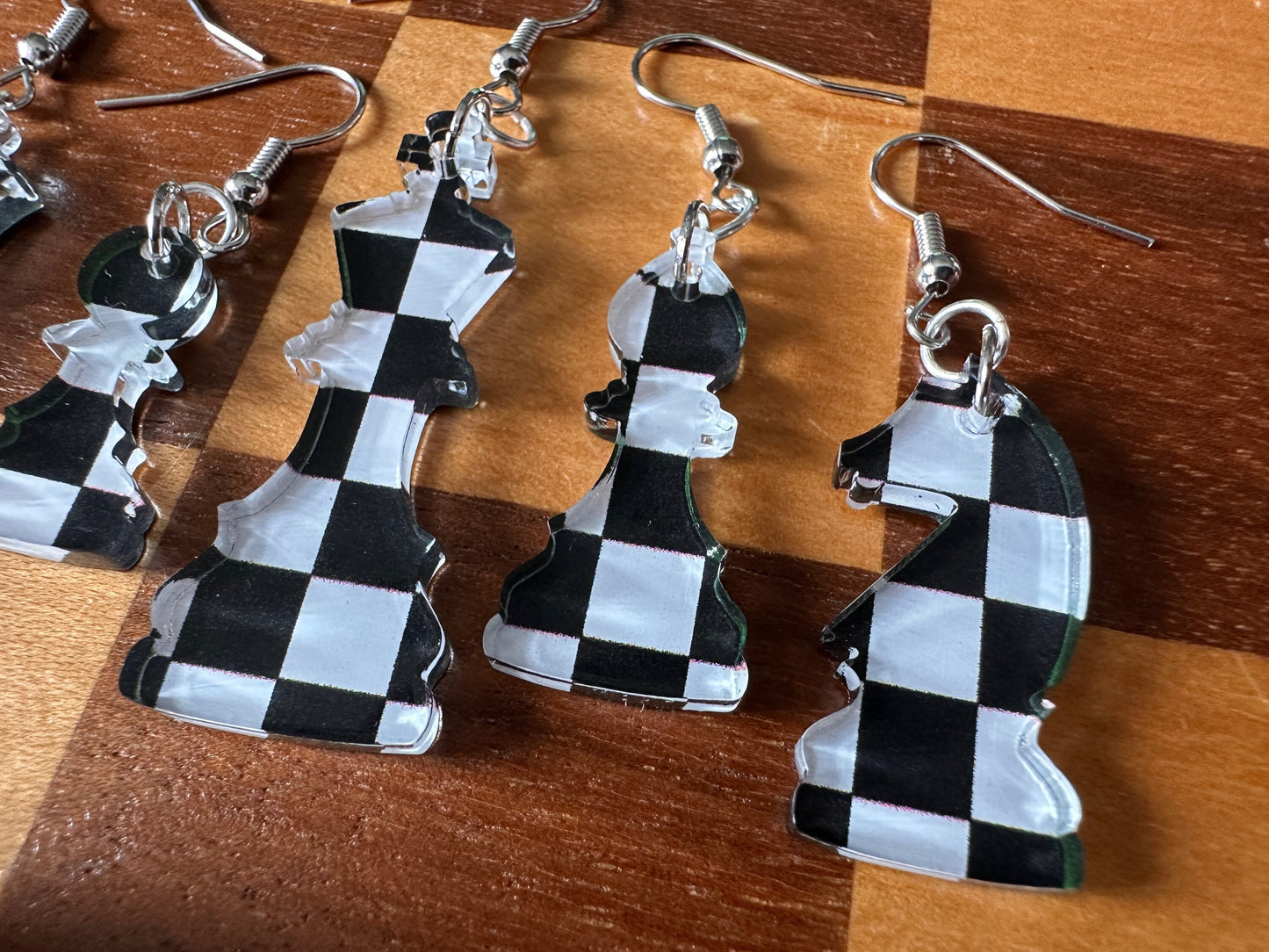 Checkered Chess Earrings: Laser Cut Acrylic Chess Pieces, Board Game, King, Queen, Pawn, Knight, Tower, Best Gifts for Her/Him/Them