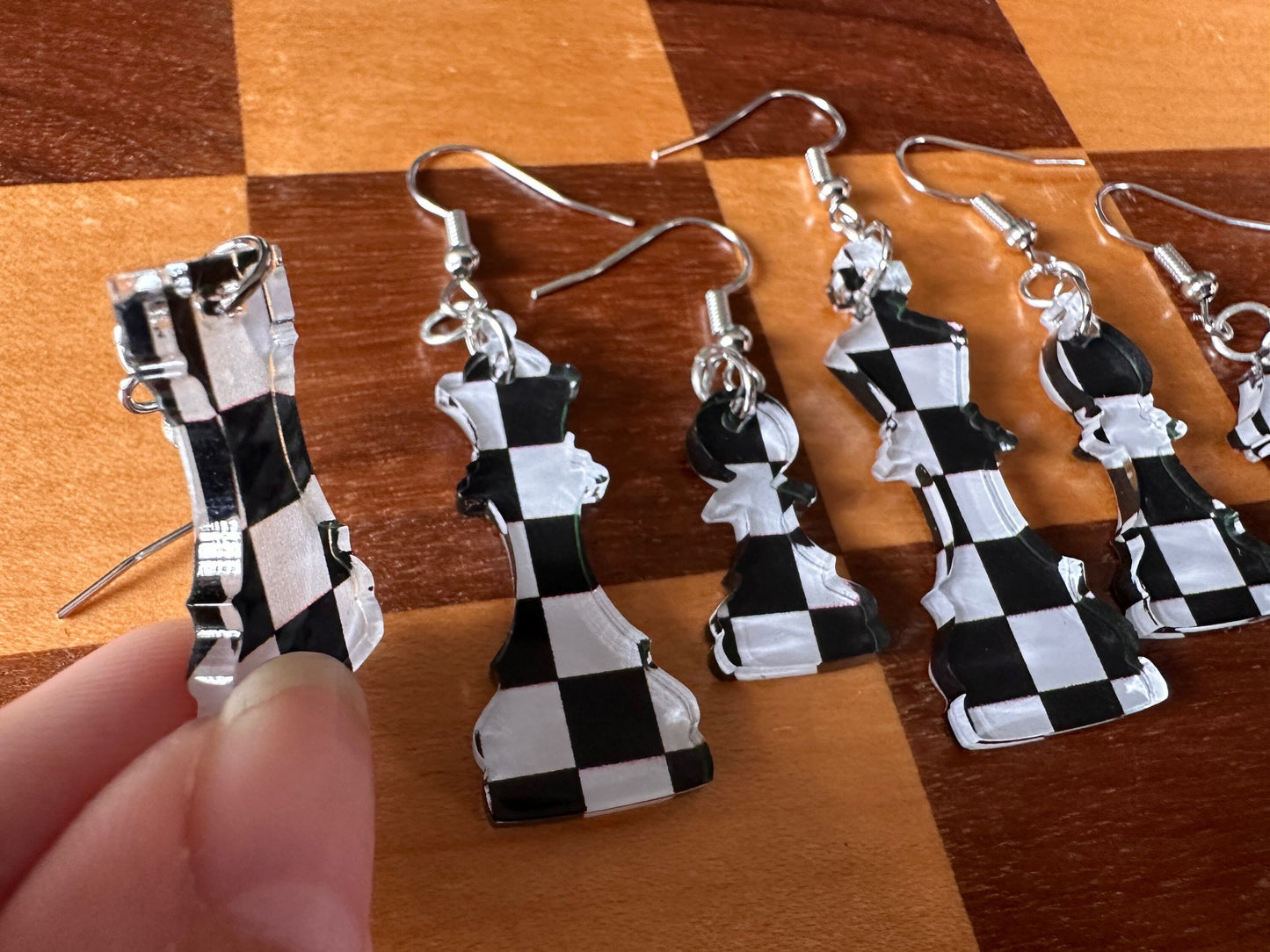 Checkered Chess Earrings: Laser Cut Acrylic Chess Pieces, Board Game, King, Queen, Pawn, Knight, Tower, Best Gifts for Her/Him/Them