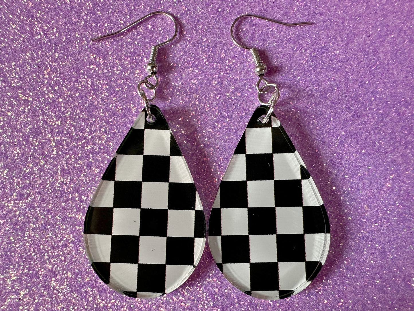 Checkered Earrings: Laser Cut Acrylic Chess Board Earrings, Board Game, Check Pattern, Black and White, Best Gifts for Her/Him/Them