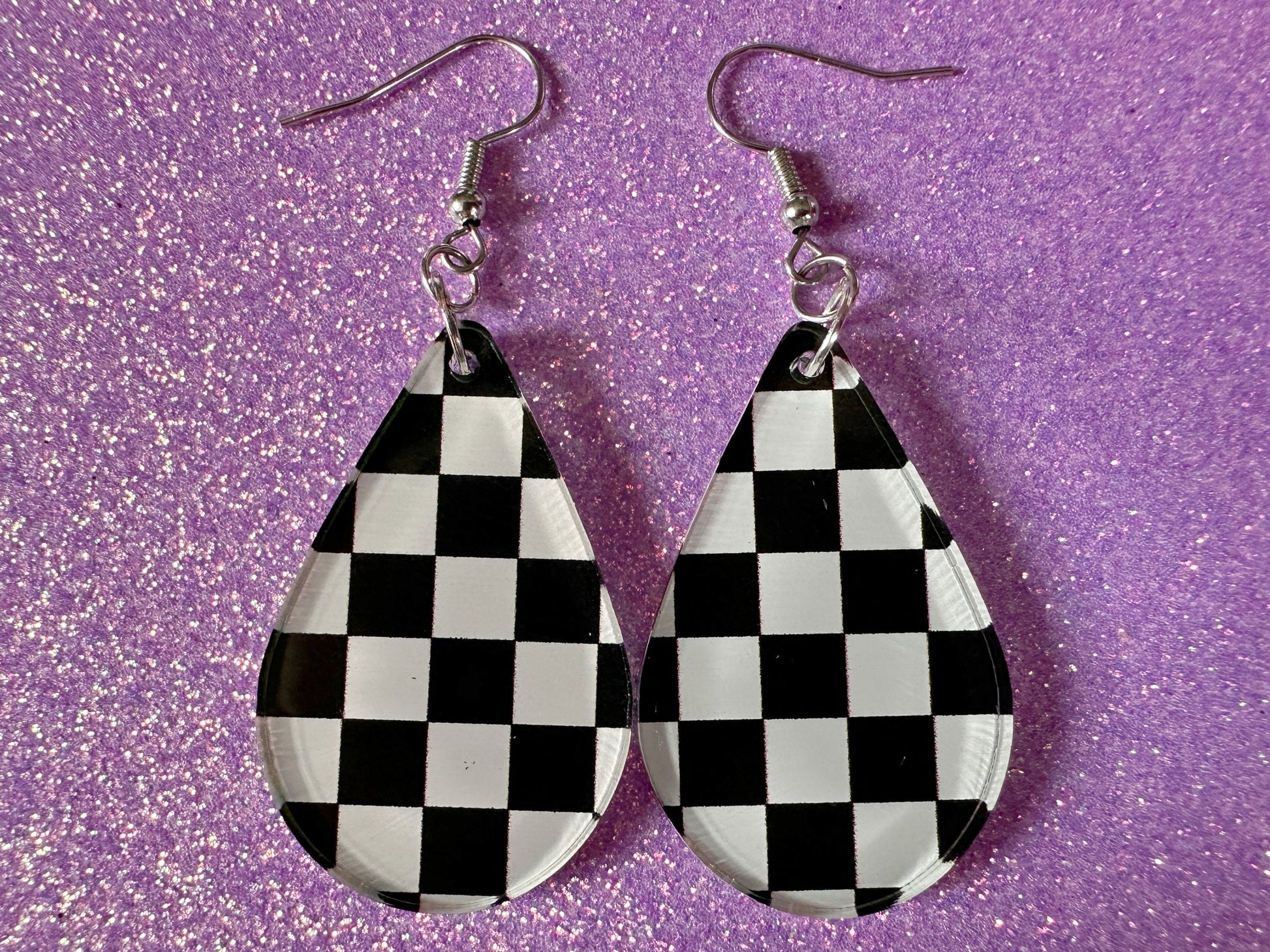 Checkered Earrings: Laser Cut Acrylic Chess Board Earrings, Board Game, Check Pattern, Black and White, Best Gifts for Her/Him/Them