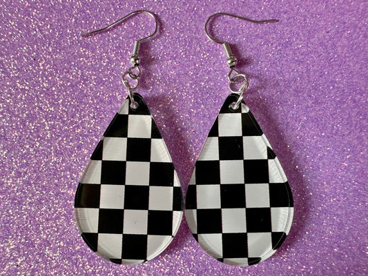 Checkered Earrings: Laser Cut Acrylic Chess Board Earrings, Board Game, Check Pattern, Black and White, Best Gifts for Her/Him/Them