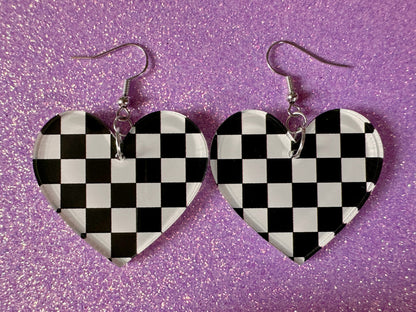 Checkered Earrings: Laser Cut Acrylic Chess Board Earrings, Board Game, Check Pattern, Black and White, Best Gifts for Her/Him/Them