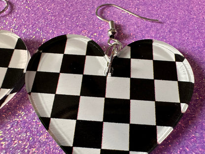 Checkered Earrings: Laser Cut Acrylic Chess Board Earrings, Board Game, Check Pattern, Black and White, Best Gifts for Her/Him/Them