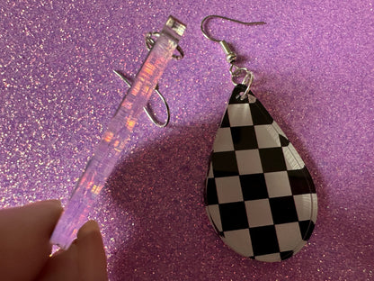 Checkered Earrings: Laser Cut Acrylic Chess Board Earrings, Board Game, Check Pattern, Black and White, Best Gifts for Her/Him/Them
