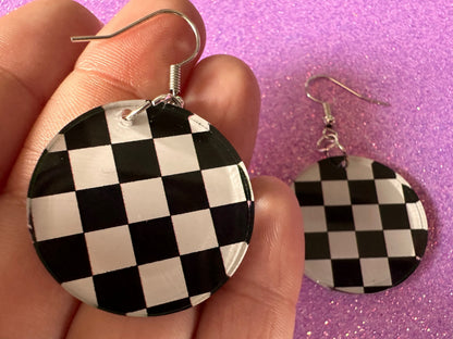 Checkered Earrings: Laser Cut Acrylic Chess Board Earrings, Board Game, Check Pattern, Black and White, Best Gifts for Her/Him/Them