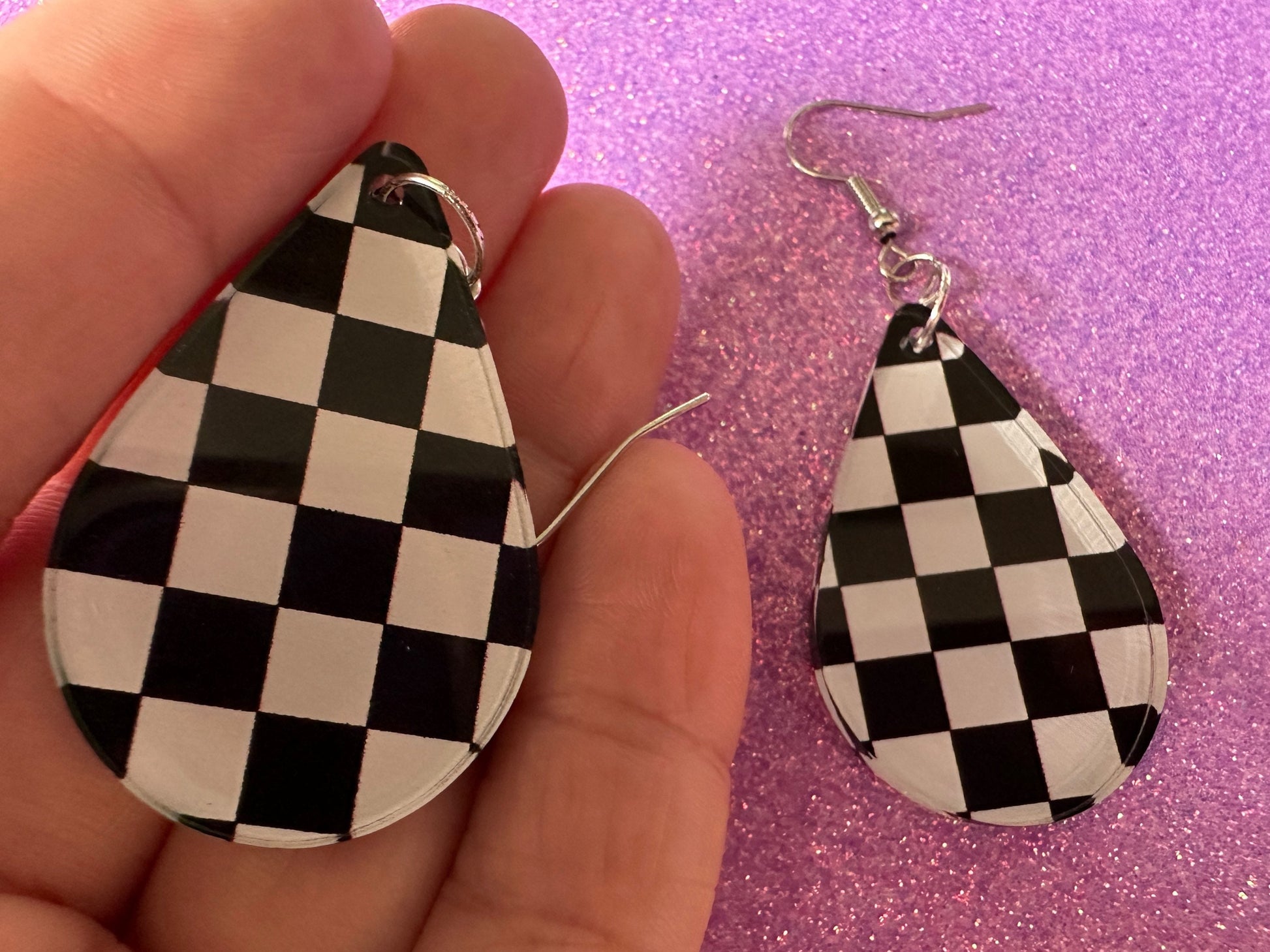 Checkered Earrings: Laser Cut Acrylic Chess Board Earrings, Board Game, Check Pattern, Black and White, Best Gifts for Her/Him/Them