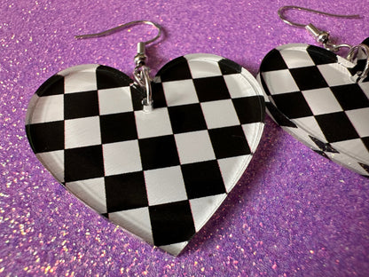 Checkered Earrings: Laser Cut Acrylic Chess Board Earrings, Board Game, Check Pattern, Black and White, Best Gifts for Her/Him/Them