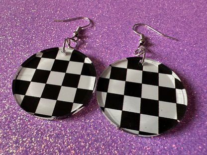 Checkered Earrings: Laser Cut Acrylic Chess Board Earrings, Board Game, Check Pattern, Black and White, Best Gifts for Her/Him/Them