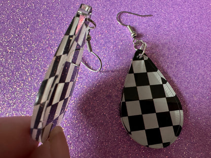 Checkered Earrings: Laser Cut Acrylic Chess Board Earrings, Board Game, Check Pattern, Black and White, Best Gifts for Her/Him/Them