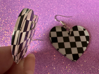 Checkered Earrings: Laser Cut Acrylic Chess Board Earrings, Board Game, Check Pattern, Black and White, Best Gifts for Her/Him/Them