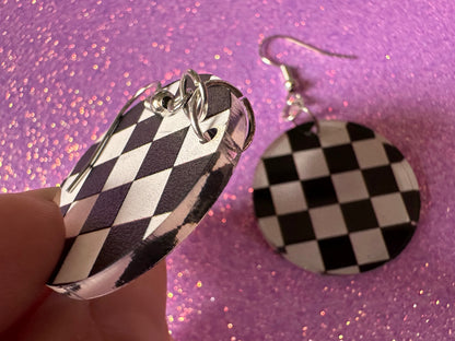 Checkered Earrings: Laser Cut Acrylic Chess Board Earrings, Board Game, Check Pattern, Black and White, Best Gifts for Her/Him/Them
