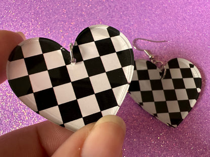 Checkered Earrings: Laser Cut Acrylic Chess Board Earrings, Board Game, Check Pattern, Black and White, Best Gifts for Her/Him/Them