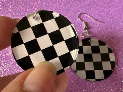 Checkered Earrings: Laser Cut Acrylic Chess Board Earrings, Board Game, Check Pattern, Black and White, Best Gifts for Her/Him/Them