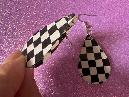 Checkered Earrings: Laser Cut Acrylic Chess Board Earrings, Board Game, Check Pattern, Black and White, Best Gifts for Her/Him/Them