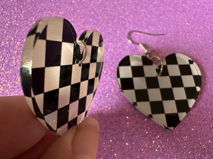 Checkered Earrings: Laser Cut Acrylic Chess Board Earrings, Board Game, Check Pattern, Black and White, Best Gifts for Her/Him/Them