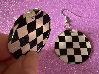 Checkered Earrings: Laser Cut Acrylic Chess Board Earrings, Board Game, Check Pattern, Black and White, Best Gifts for Her/Him/Them
