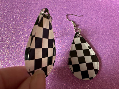 Checkered Earrings: Laser Cut Acrylic Chess Board Earrings, Board Game, Check Pattern, Black and White, Best Gifts for Her/Him/Them