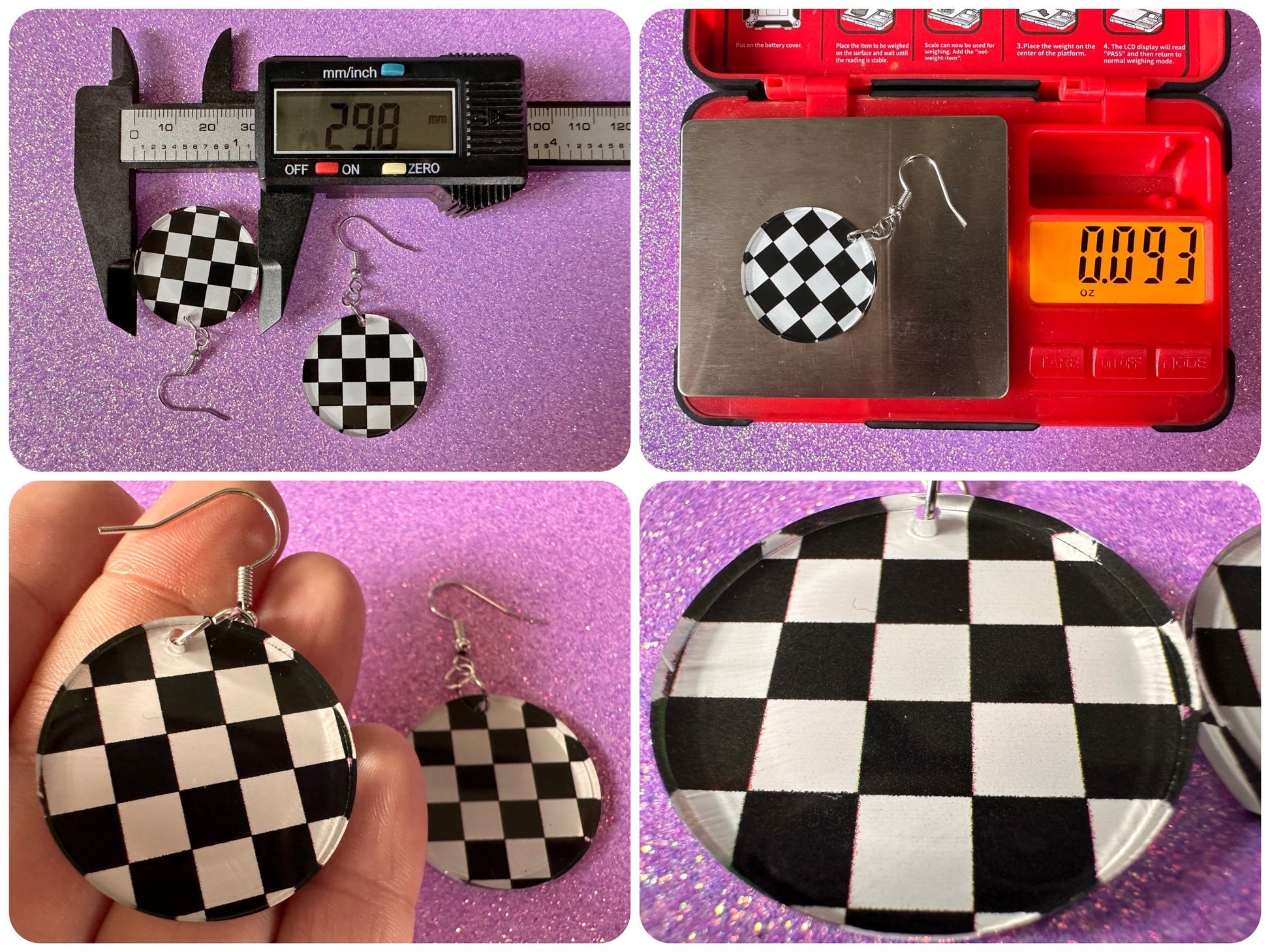 Checkered Earrings: Laser Cut Acrylic Chess Board Earrings, Board Game, Check Pattern, Black and White, Best Gifts for Her/Him/Them