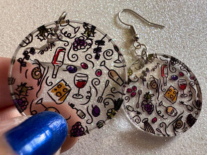 Cheese & Wine Earrings: Laser Cut Acrylic Charcuterie, Dairy, Cow, Swiss Cheese, Slices, Food, Party, French, Snails, Gifts for Her/Him/Them