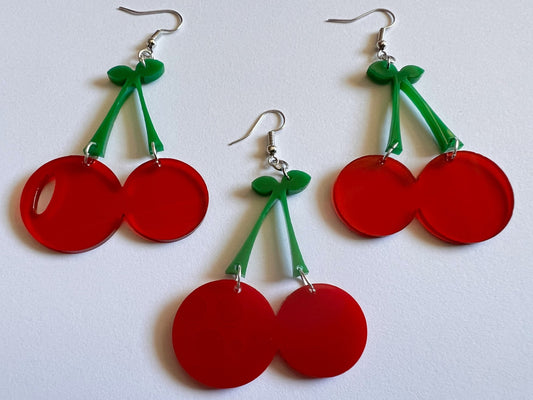 Cherry Earrings: Laser Cut Acrylic Cherries, Fruit, Summer Vibes, Food Earrings, Gifts for Her/Him/Them